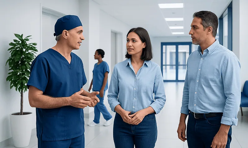 Medical team discussing patient care in hospital corridor.