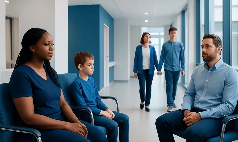 Medical consultation in a hospital corridor with diverse patients and staff.