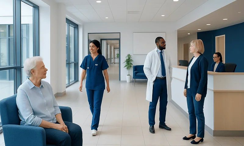 Medical staff consulting with elderly patient in hospital lobby.