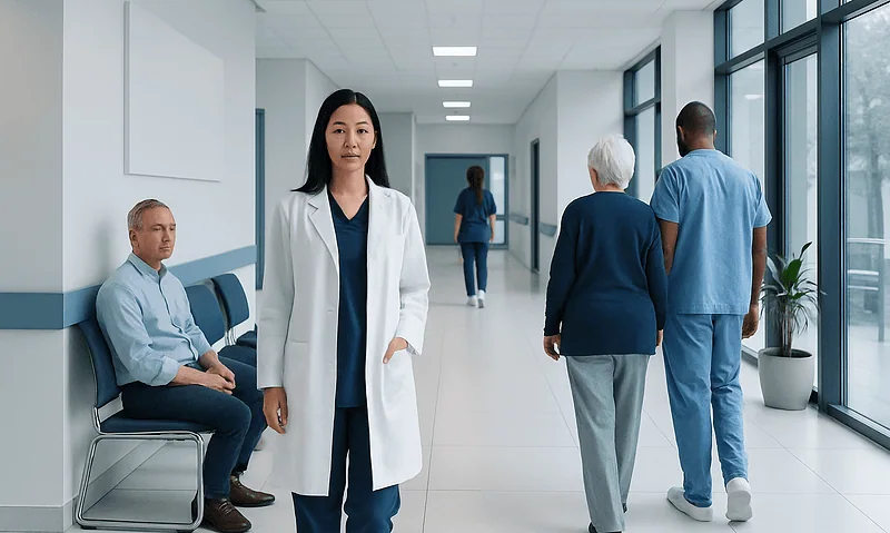Medical professionals and patients in a modern hospital corridor.