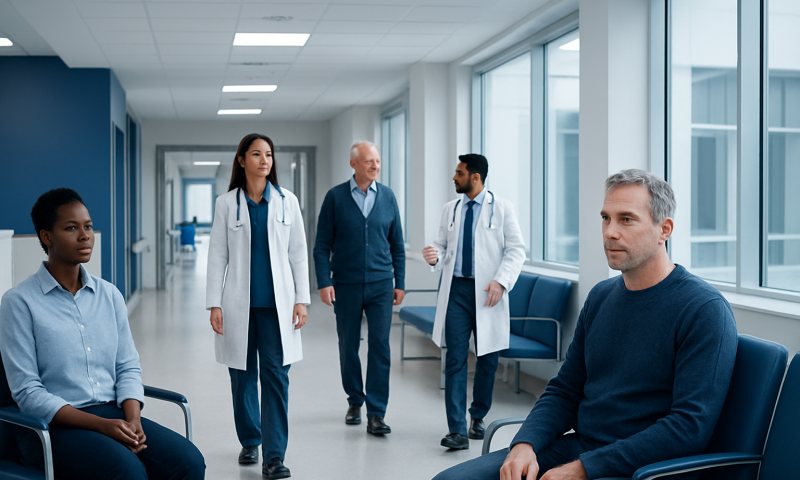 Patients and doctors in a hospital corridor during a consultation.