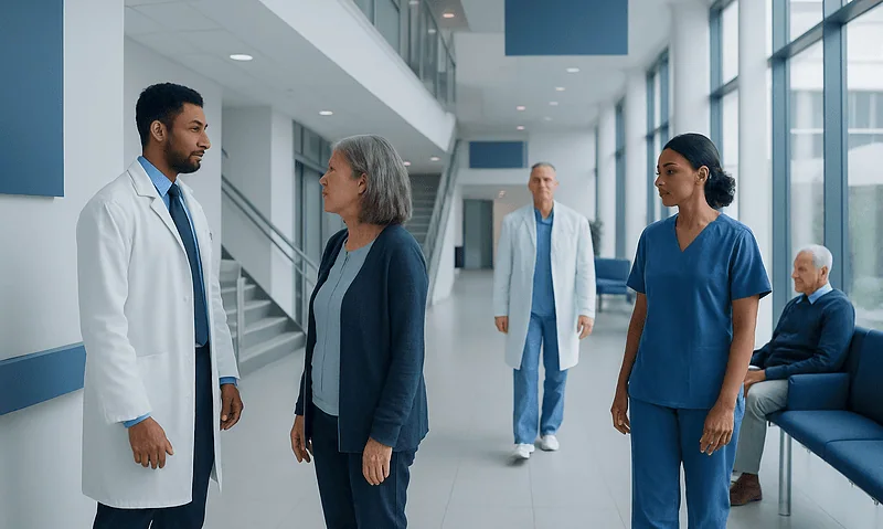 Medical team discussing patient care in hospital corridor.