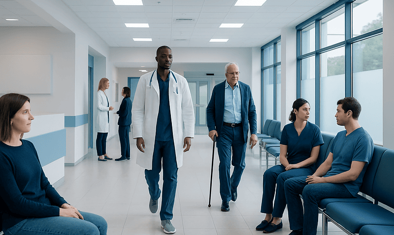 Medical professionals and patients in a hospital corridor.