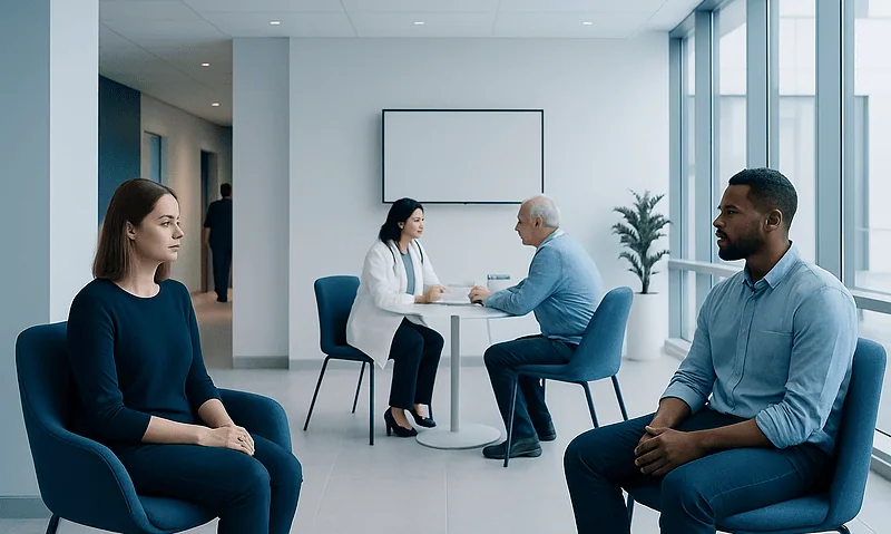 Medical consultation with two patients and a doctor in a modern hospital.
