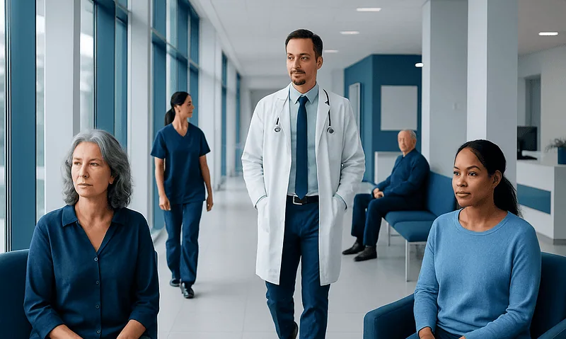 Doctor consulting with patients in a hospital waiting area.