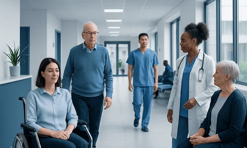 Medical team consulting with elderly patient in hospital corridor.