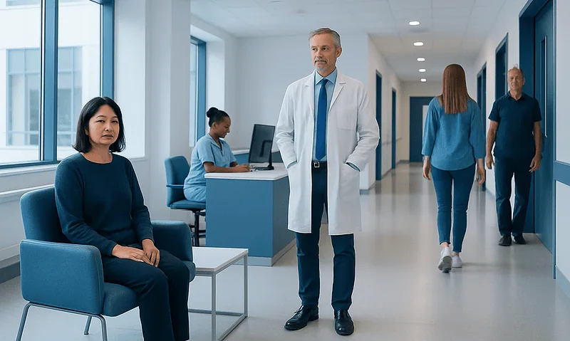 Medical consultation in a modern hospital corridor with doctor and patients.