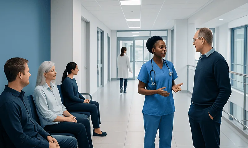 Healthcare professionals discussing patient care in hospital corridor.
