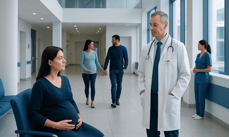 Pregnant woman consulting with a doctor in a hospital corridor.