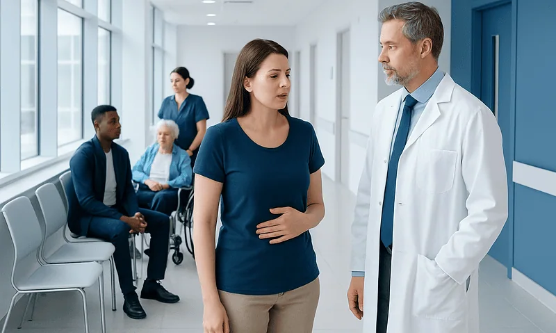 Doctor consulting pregnant woman in hospital corridor.