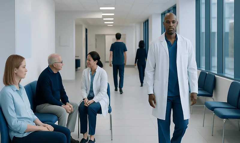 Medical consultation in a hospital corridor with doctors and patients.