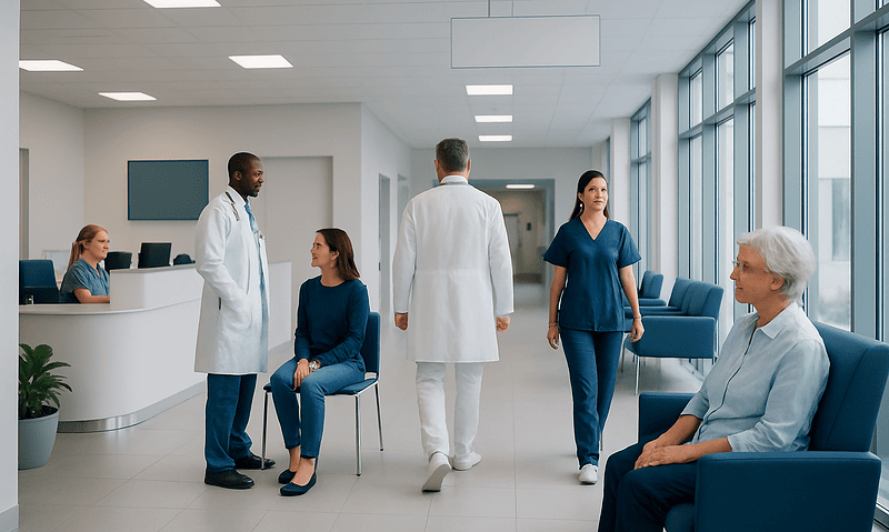 Medical professionals and patients in a modern hospital waiting area.