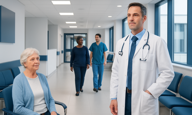 How to Make Bones and Joints Strong: Everyday Steps That Help 18 Doctor consulting elderly patient in hospital corridor with staff in background.