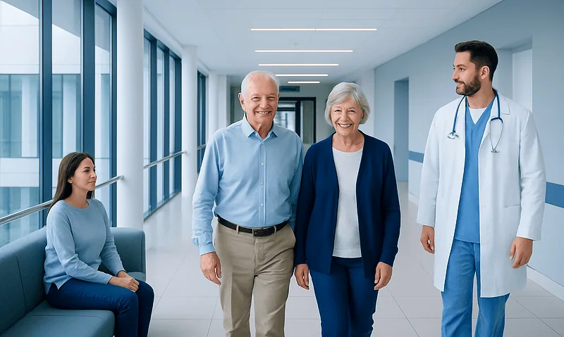 Happy elderly couple walking with doctor in hospital corridor.