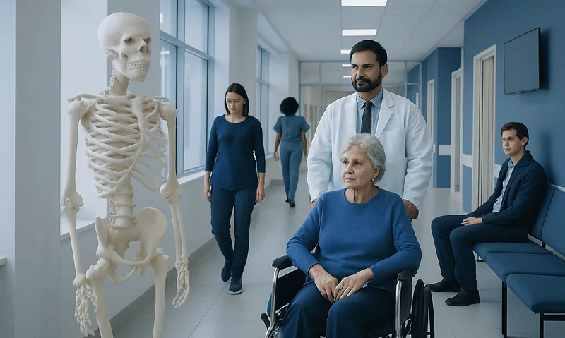 Medical team with elderly patient and skeleton model in hospital corridor.