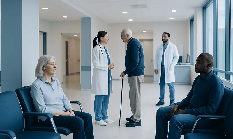 Hospital waiting area with medical staff and patients.