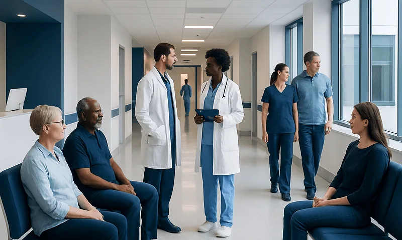 Medical team consulting with patients in hospital corridor.