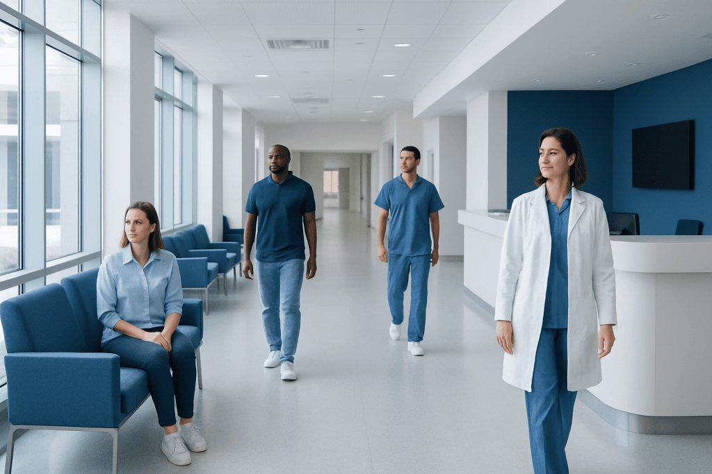 How Many Brain Cells Do Humans Have? 1 Medical staff in a modern hospital corridor with large windows and blue accents.