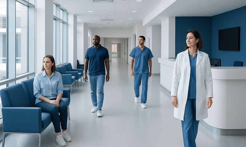 How Many Brain Cells Do Humans Have? 3 Medical staff in a modern hospital corridor with large windows and blue accents.