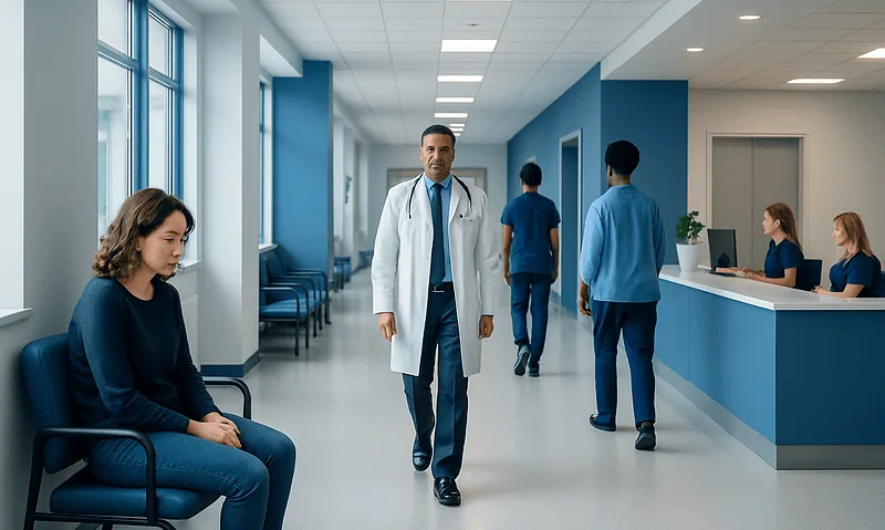 What Is Brain Fog? Causes, Triggers, and Self-Care Tips 4 Doctor walking in hospital corridor with patients and staff.