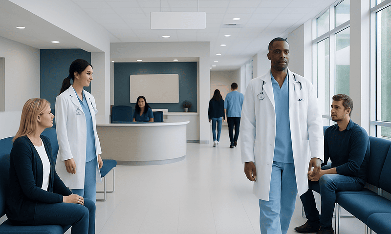 Can a Sinus Infection Spread to the Brain? 6 Medical professionals and patients in a modern hospital waiting area.