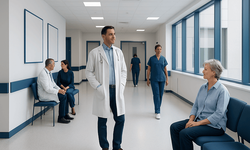 What Is Brain Rot? When Mental Overload and Screen Habits Affect Focus 12 Medical professionals and patients in a hospital corridor with large windows.