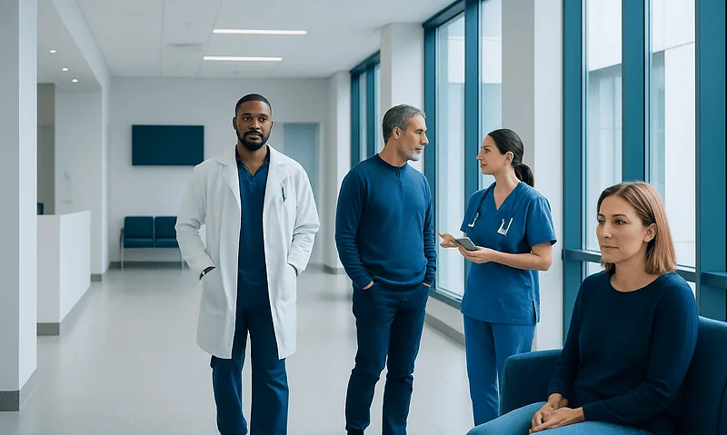 What Is Brain Rot? Internet Slang, Attention, and Mental Overload 15 Medical team consulting with patient in hospital corridor.