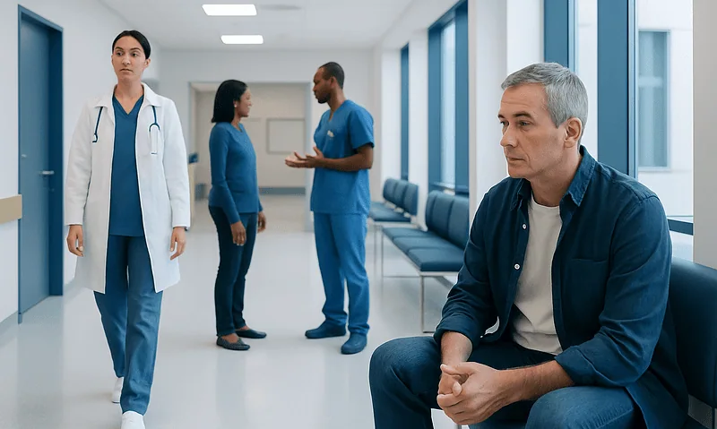 Hospital corridor with medical staff and a patient waiting area.