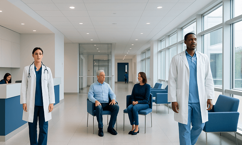 Prefrontal Cortex: What It Does and How Damage Can Affect Daily Life 16 Medical professionals and patients in a modern hospital waiting area.