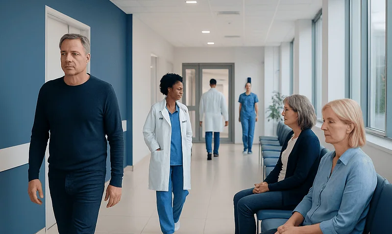 What Causes Colon Cancer? Risk Factors, Polyps, and Family History 5 Hospital corridor with patients and medical staff waiting and walking.