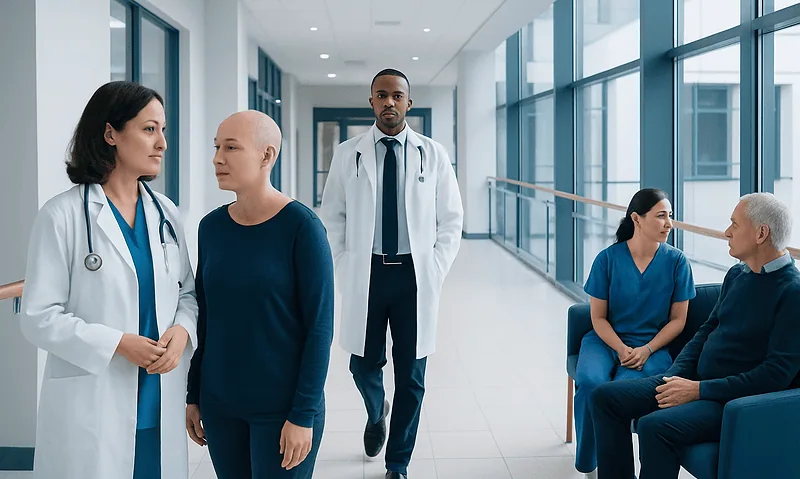 Targeted Therapy for Cancer: How It Works and Who May Benefit 9 Medical professionals consulting with cancer patient in hospital corridor.