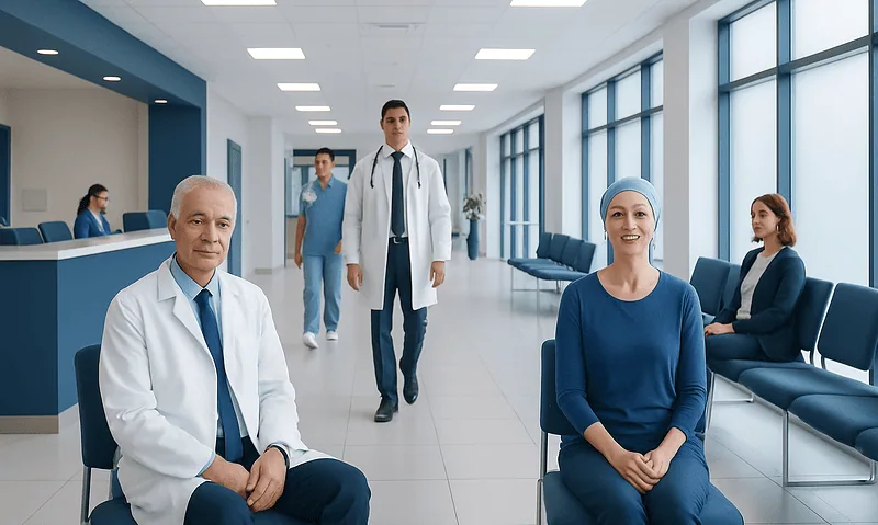 Cancer Treatment in Turkey: Costs, Travel Planning, and Follow-Up Care 10 Medical professionals and patients in a modern hospital waiting area.