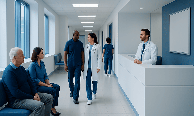 What Causes Prostate Cancer? Age, Hormones, Genetics, and Lifestyle 11 Medical team consulting with patients in a hospital corridor.