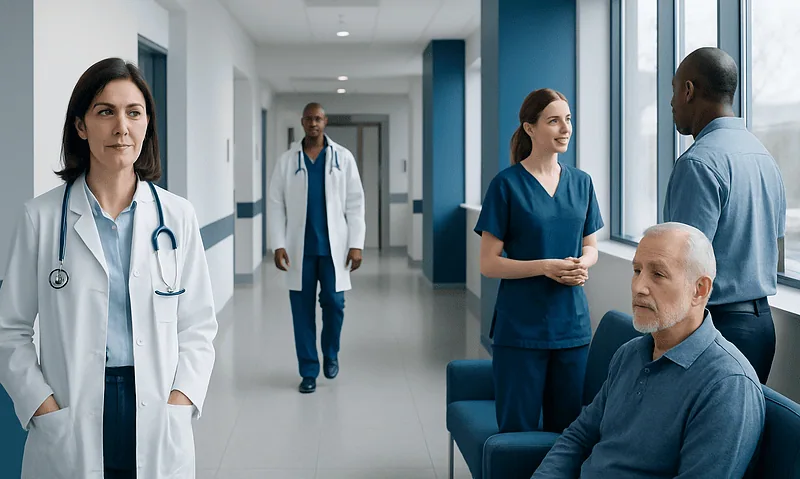 Prostate Cancer Causes and Risk Factors: Age, Family History, and More 12 Medical team consulting in a hospital corridor with patient.