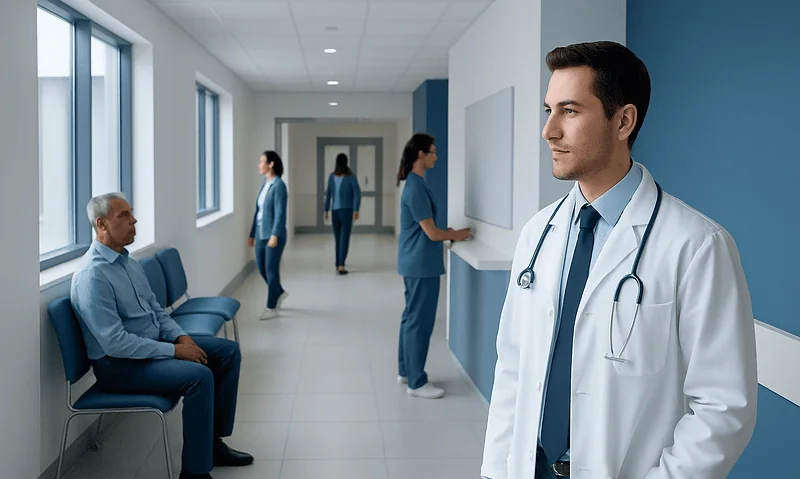 Doctor waiting in hospital corridor with patients and staff in background.