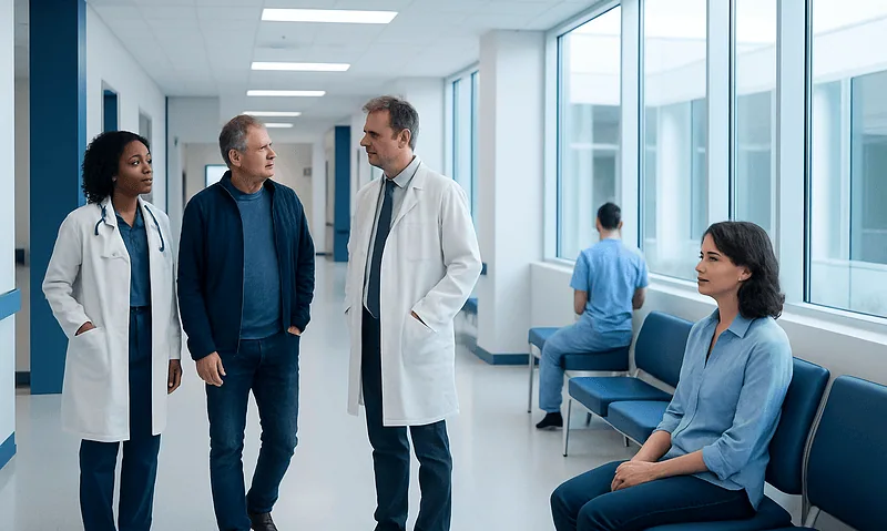 Medical team discussing patient care in hospital corridor.