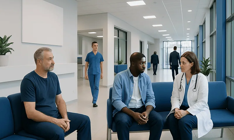 Breast Cancer in Men: Symptoms, Diagnosis, and Treatment 17 Medical consultation in a hospital waiting area with diverse healthcare professionals.