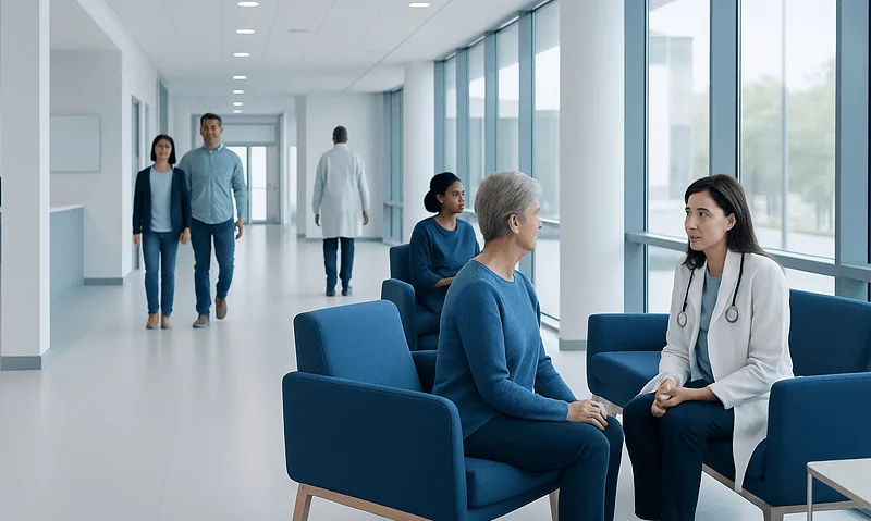 Doctor consulting with a senior patient in a modern hospital corridor.