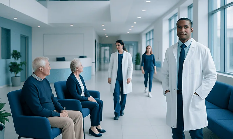 Medical team consulting elderly patients in hospital corridor.