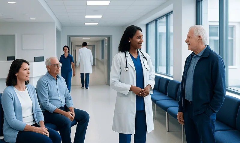 Medical consultation with doctor and patients in hospital corridor.