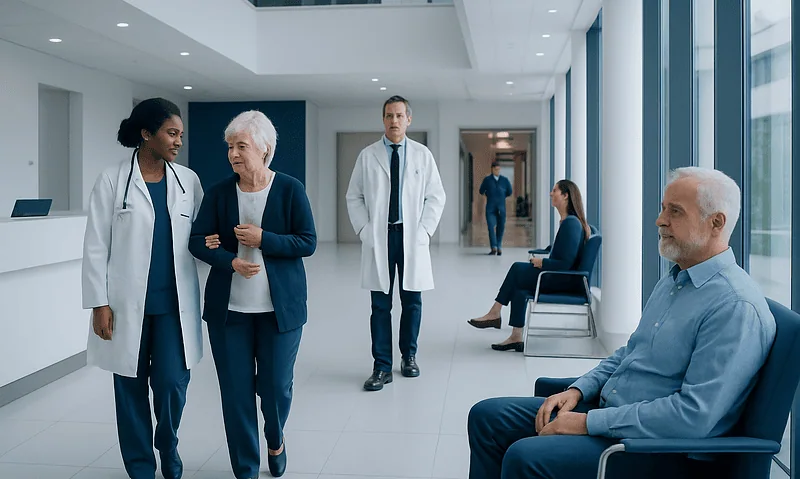 Medical staff and patients in a modern hospital corridor.
