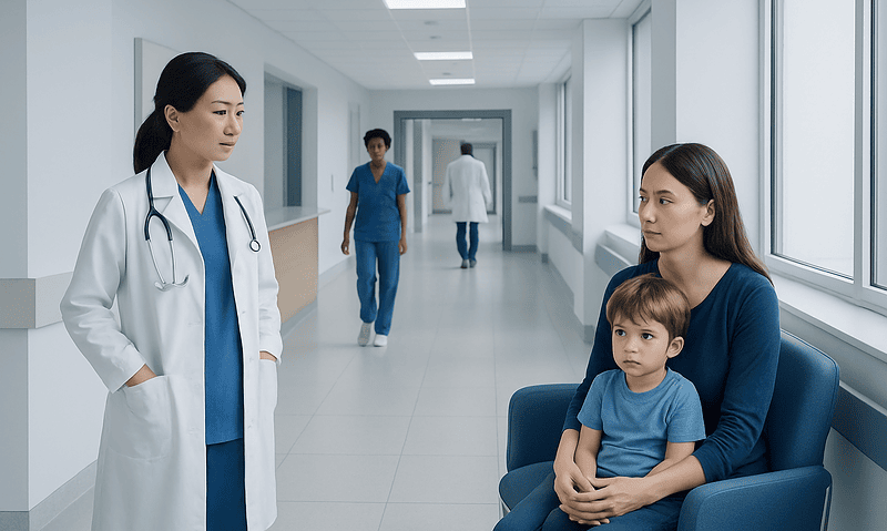 Doctor speaking with mother and child in hospital corridor.