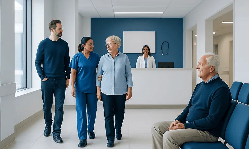 Patients and healthcare professionals in a hospital waiting area.