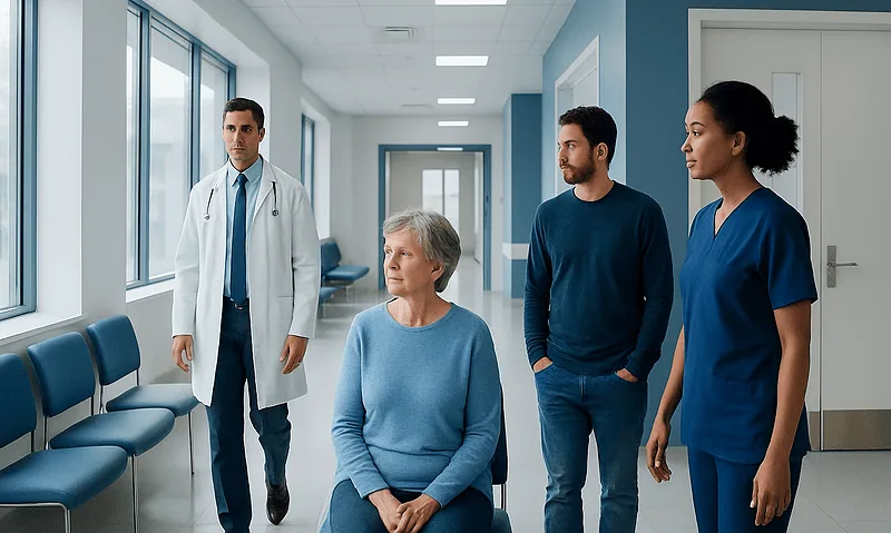 Medical team consulting with a patient in a hospital corridor.
