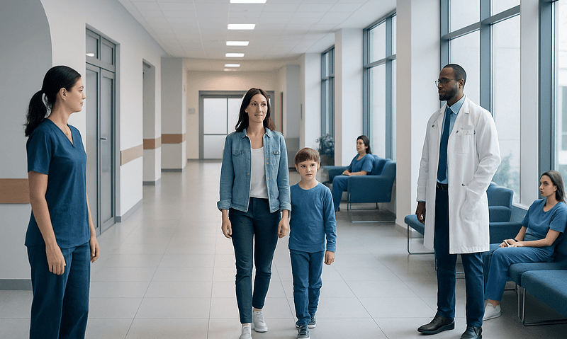 Kawasaki Disease in Children: When Fever May Signal Heart Inflammation 6 Child and mother in hospital corridor with medical staff and patients.