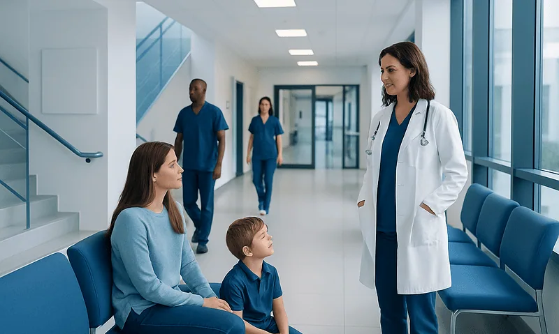 Hospital staff talking to a mother and her child in a modern healthcare facility.