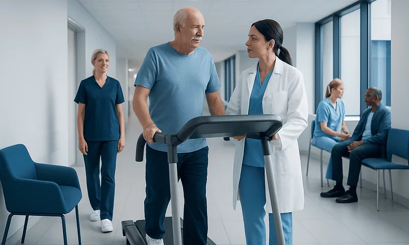 Cardiac Rehabilitation After Valve Surgery: Benefits, Timeline, and Exercise Safety 4 Senior man walking on treadmill with healthcare professional in hospital corridor.