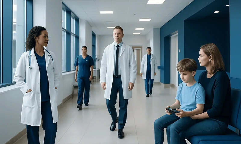 Medical professionals and a patient in a hospital corridor at Acibadem Hospitals Group.