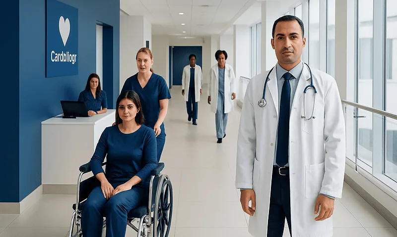 What Is Invasive Cardiology? Tests and Treatments Explained 4 Medical team at Cardiology department in modern hospital corridor.