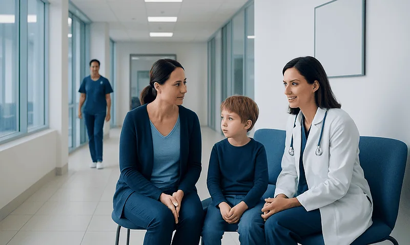 Pediatric consultation at Acibadem Hospital with doctor and mother.